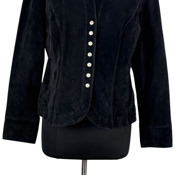 DRESSBARN Y2K BLACK SUEDE FITTED SNAP FRONT TAILORED LEATHER JACKET - Picture 9 of 15